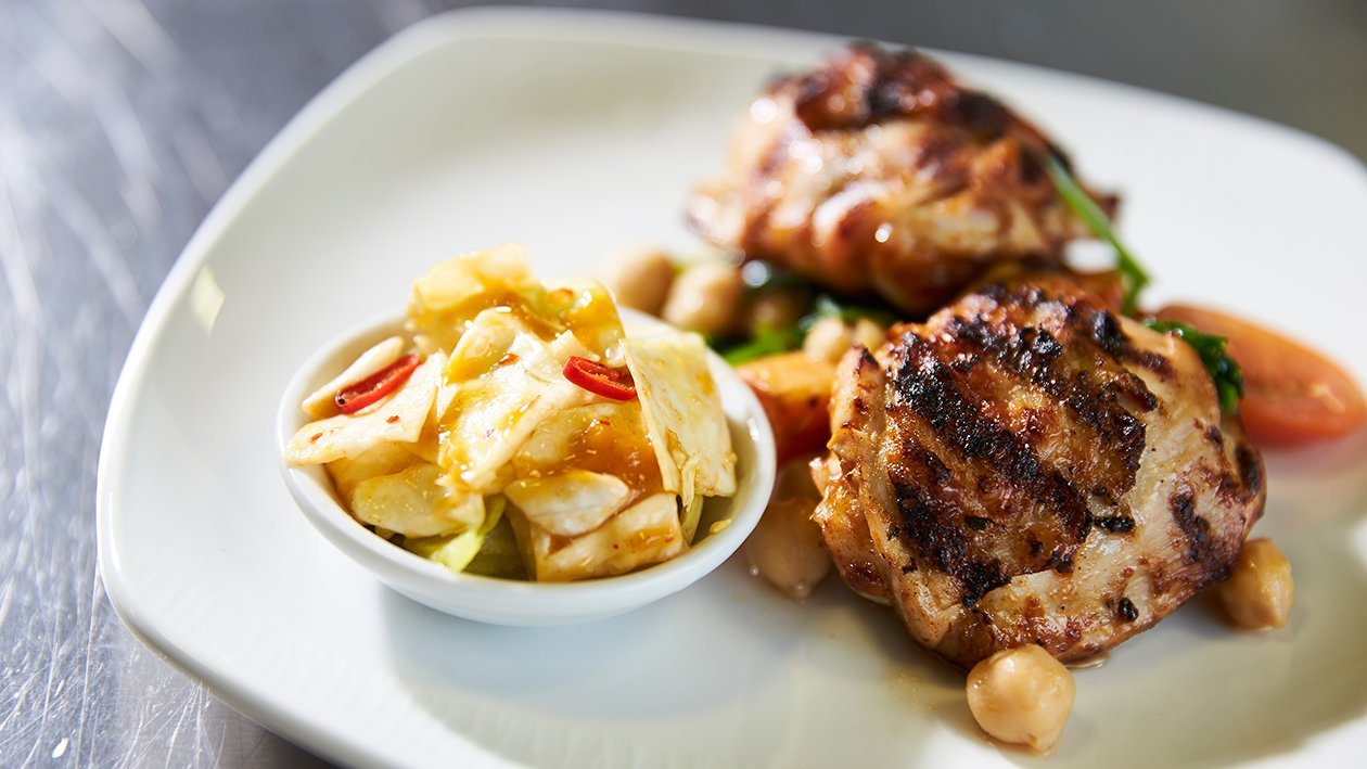 Grilled Piri Piri chicken with sweet potato, chick pea and baby spinach